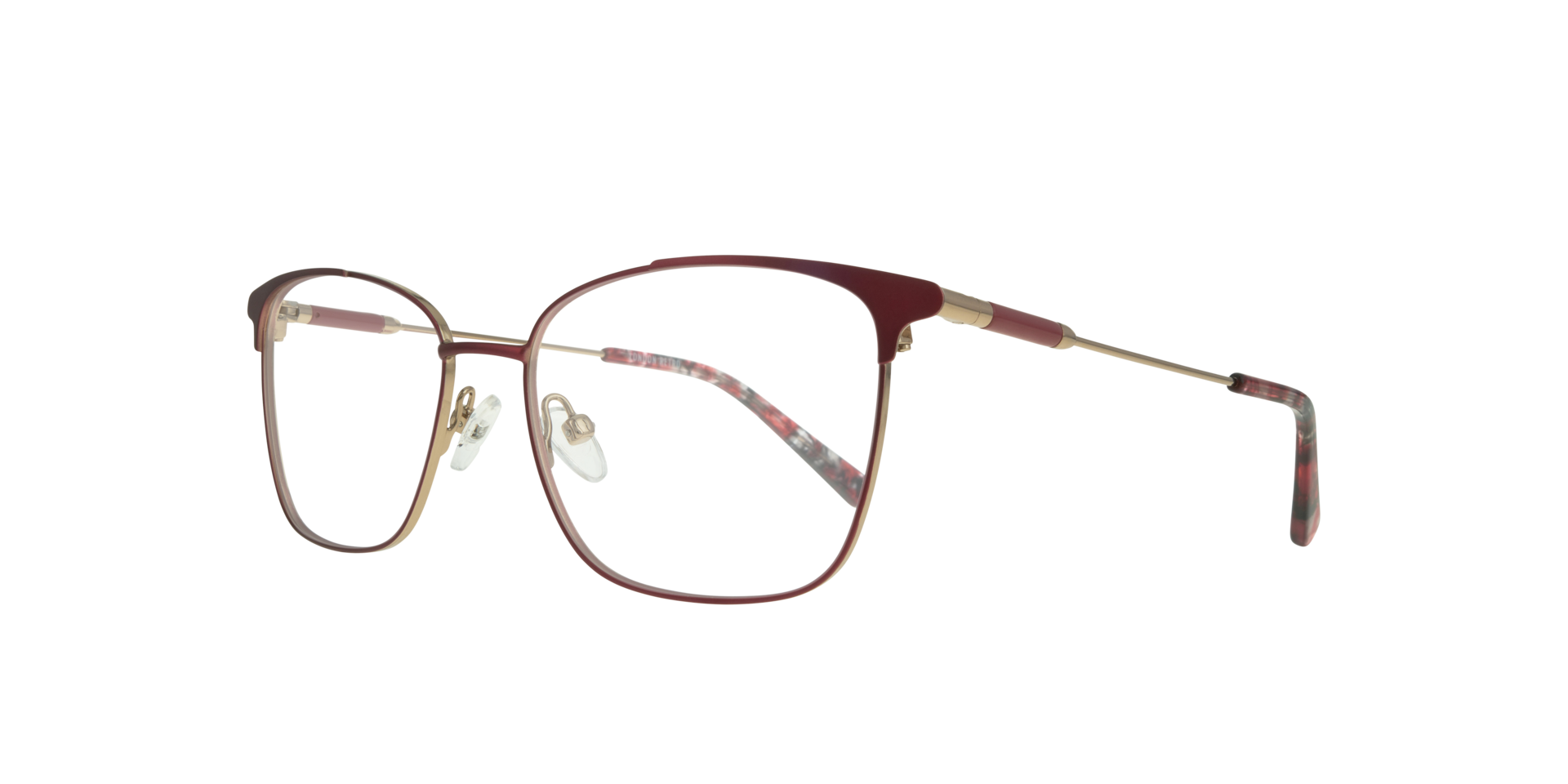 Kathleen Burgundy & Shiny Gold MetalEyeglass Frames for Glasses Direct, Angle View
