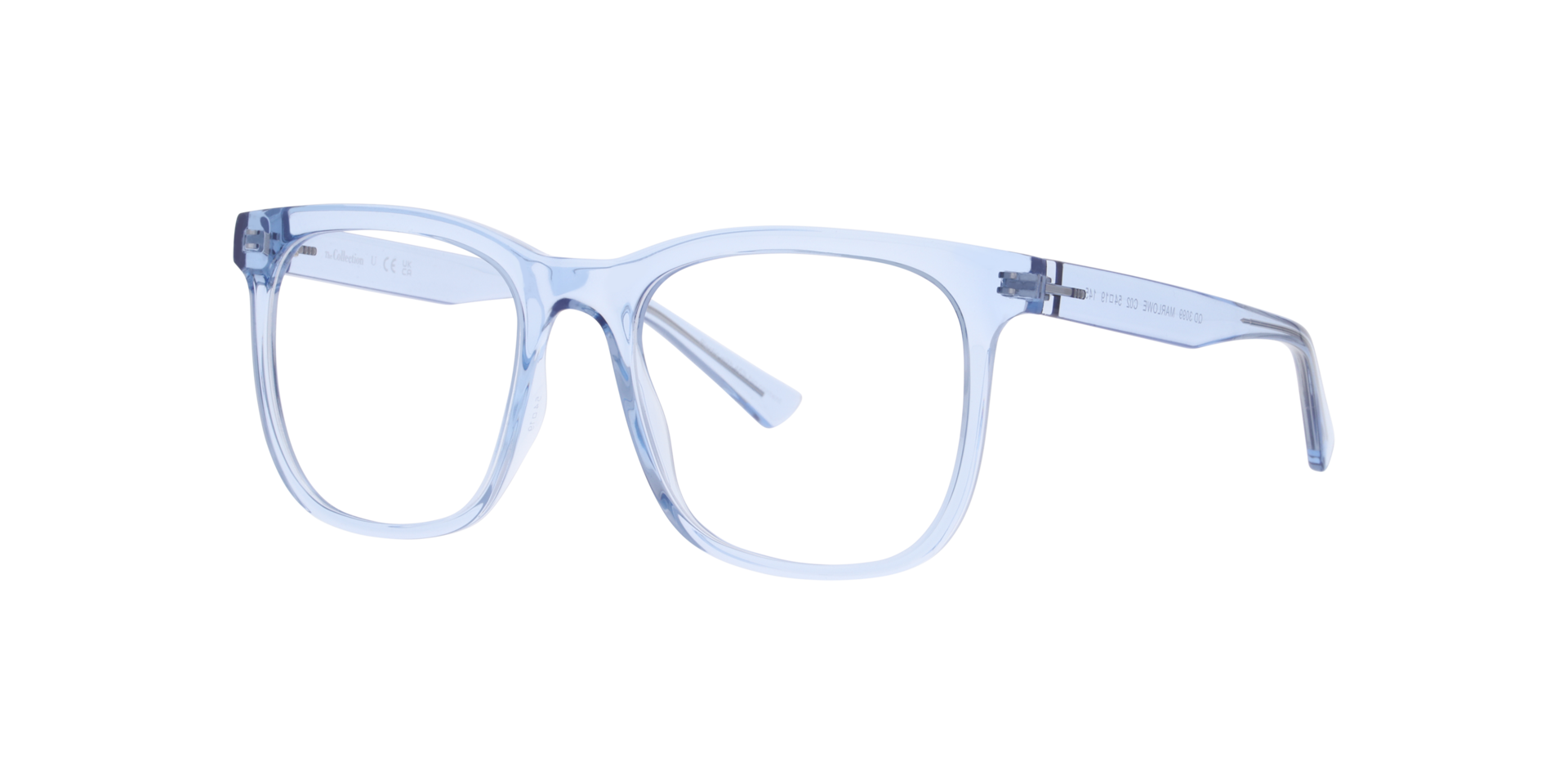 Marlowe Transparent Blue PlasticEyeglass Frames for Glasses Direct, Angle View