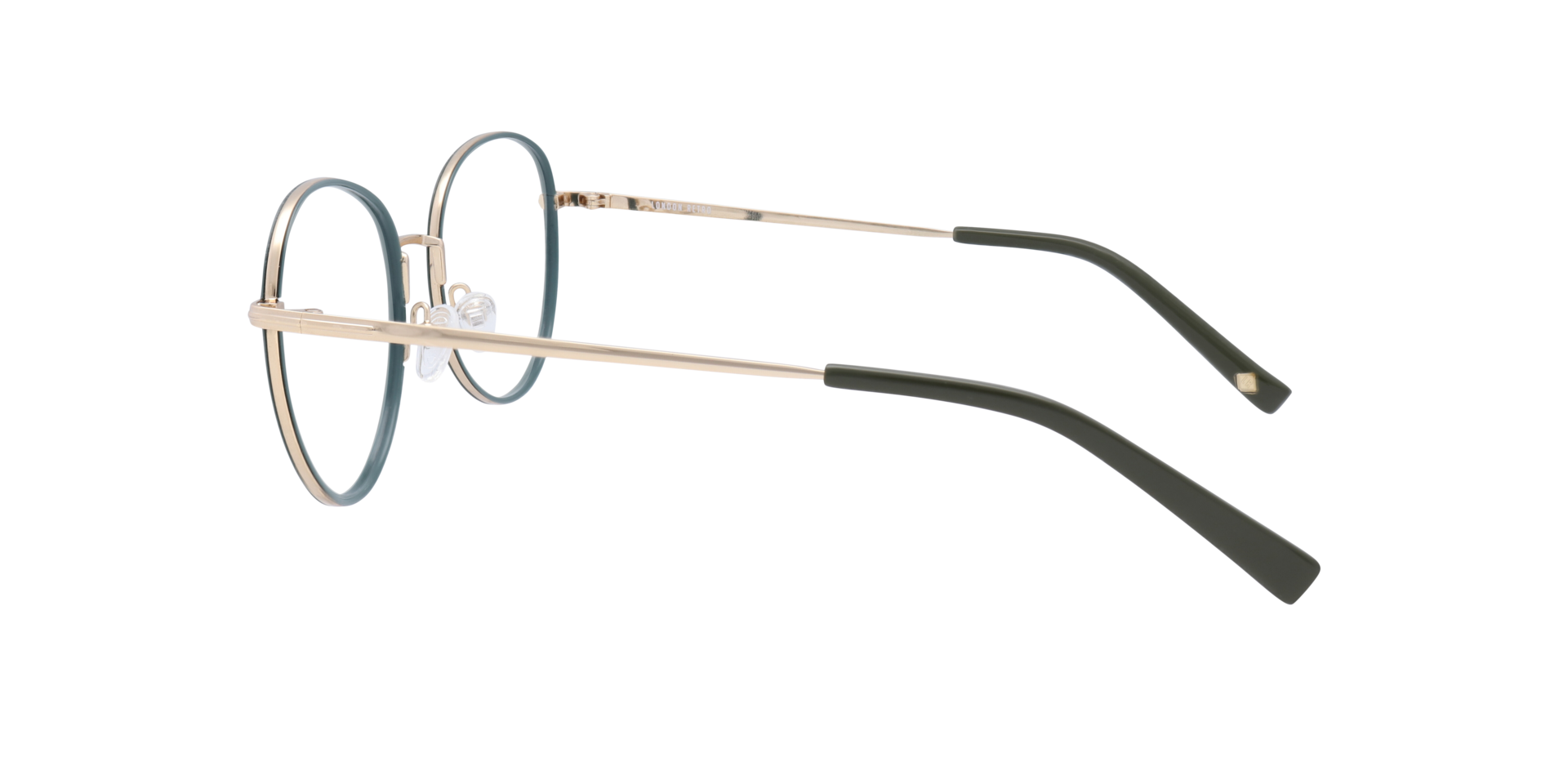 Debden Shiny Gold & Khaki MetalEyeglass Frames for Glasses Direct, Side View