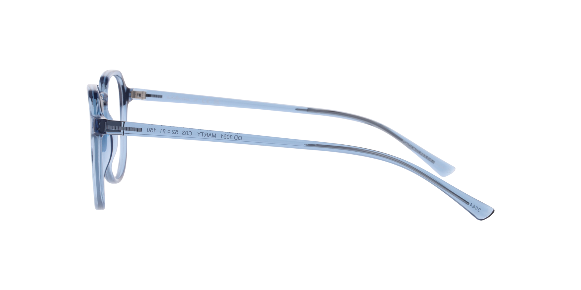 Marty Transparent Dark Blue PlasticEyeglass Frames for Glasses Direct, Side View