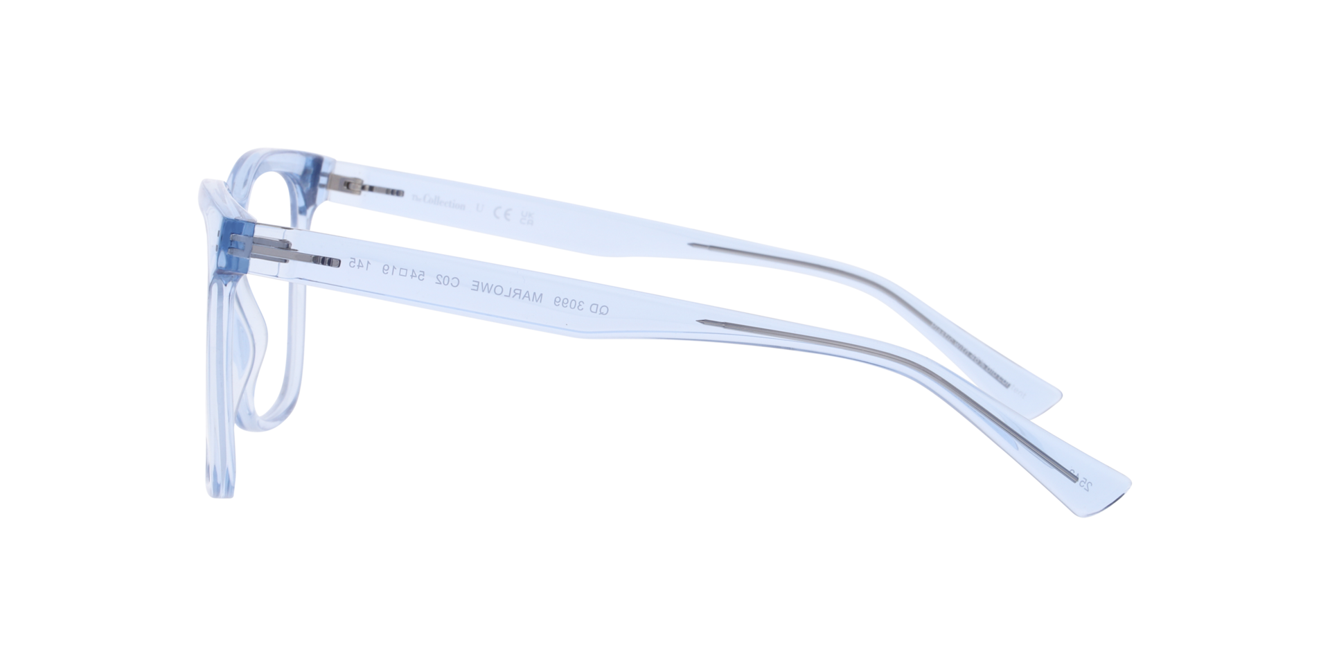 Marlowe Transparent Blue PlasticEyeglass Frames for Glasses Direct, Side View