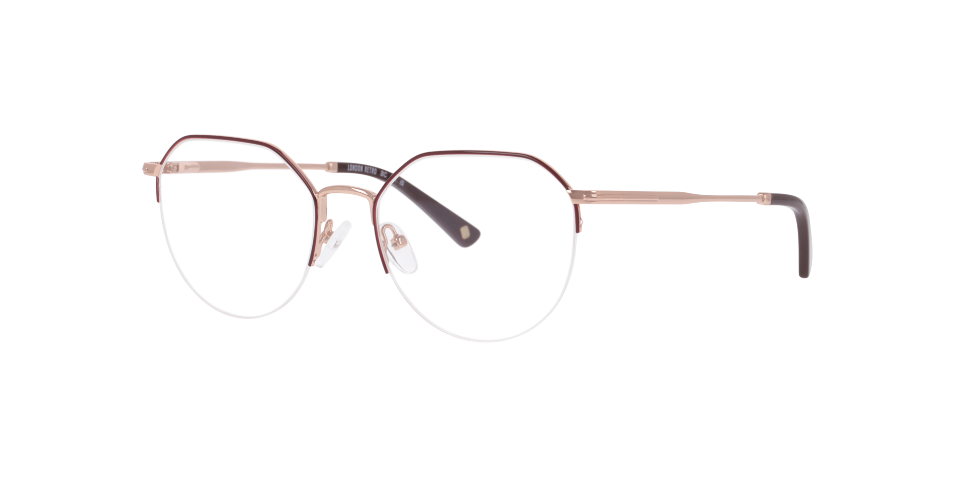Notting Hill Burgundy & Pink Gold MetalEyeglass Frames for Glasses Direct, Angle View