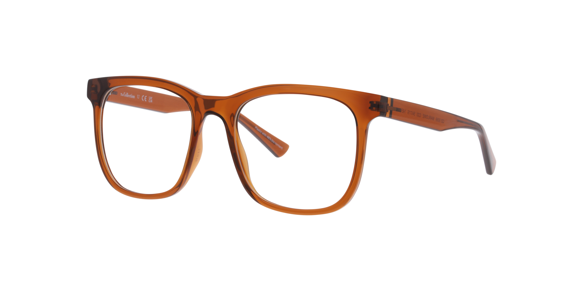 Marlowe Transparent Brown PlasticEyeglass Frames for Glasses Direct, Angle View