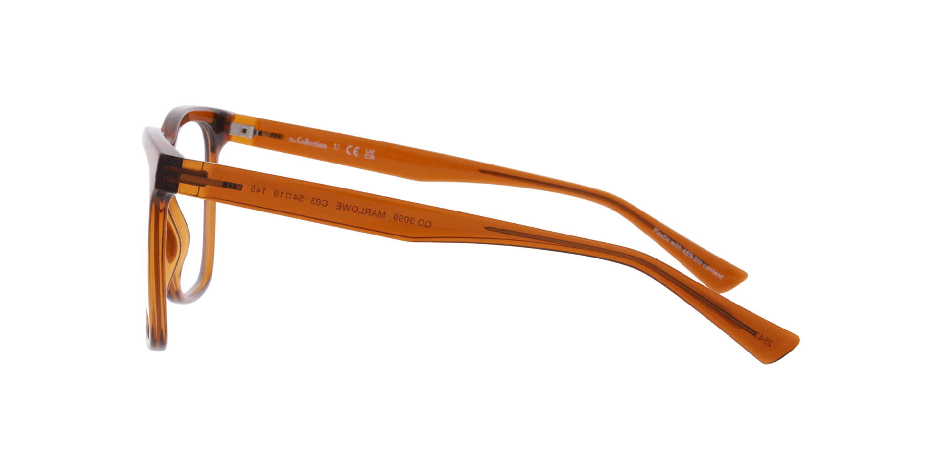 Marlowe Transparent Brown PlasticEyeglass Frames for Glasses Direct, Side View
